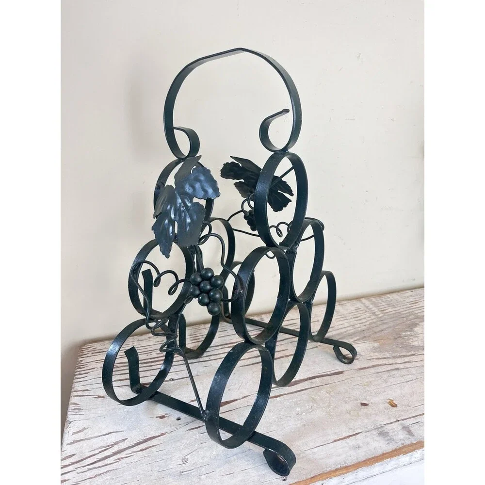 Vintage MCM Rustic Metal Ornate Grape Leaves 6 Wine Bottle Holder W/ Handle 14”